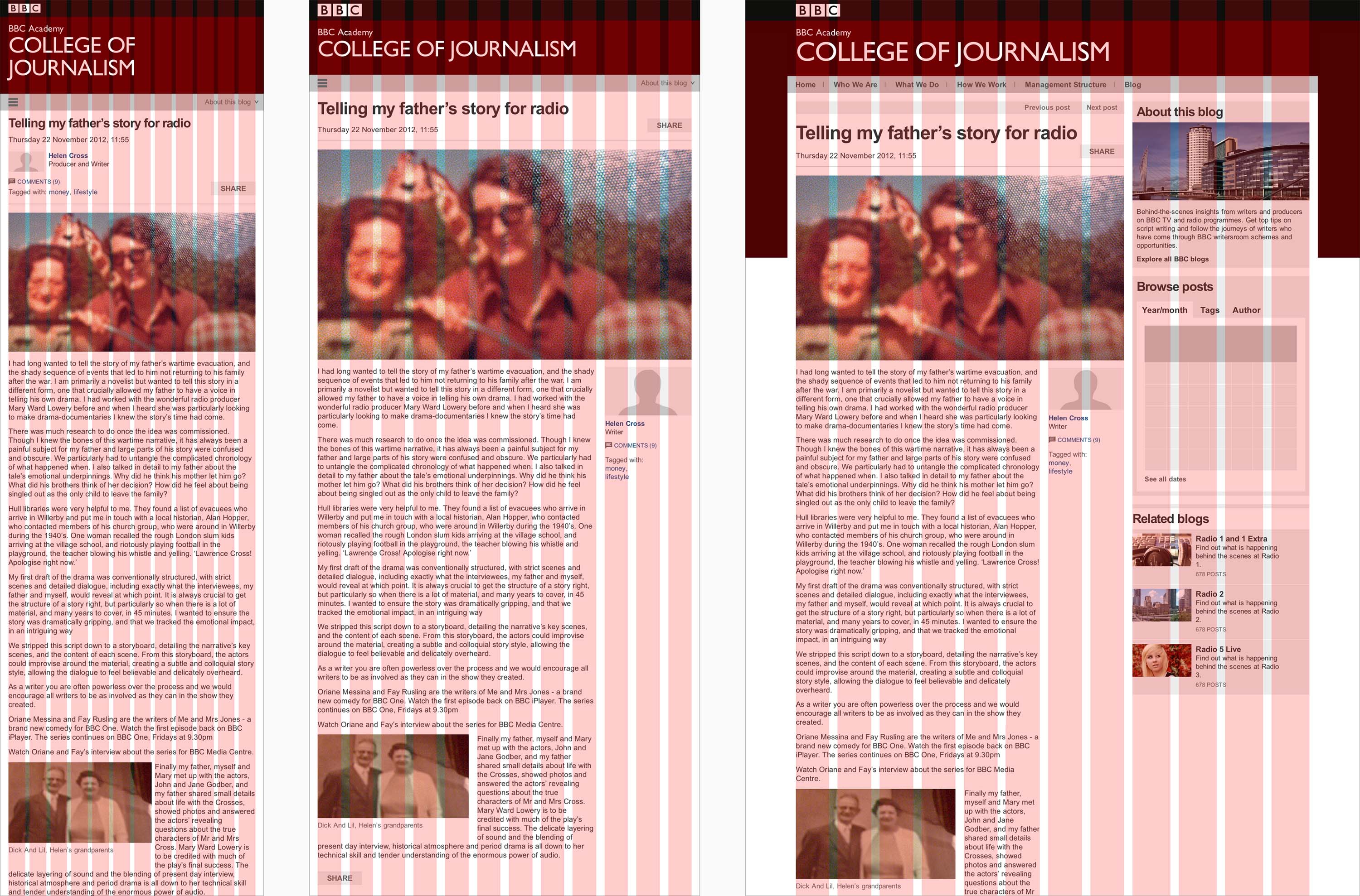 Blog templates at different viewport widths with overlayed grid