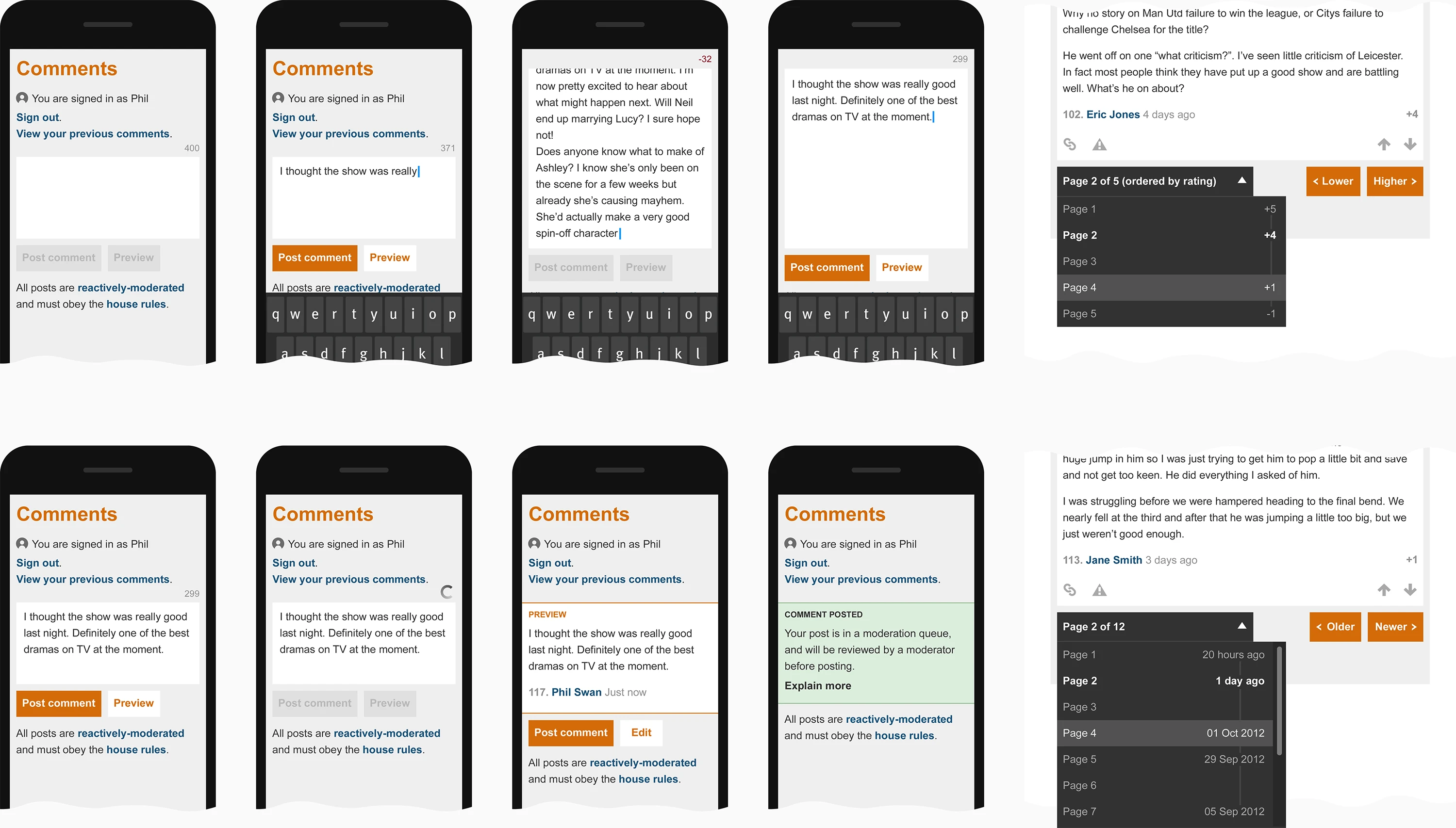 Excerpt from the documentation provided to the BBC team showing the Comments module in various states and sizes