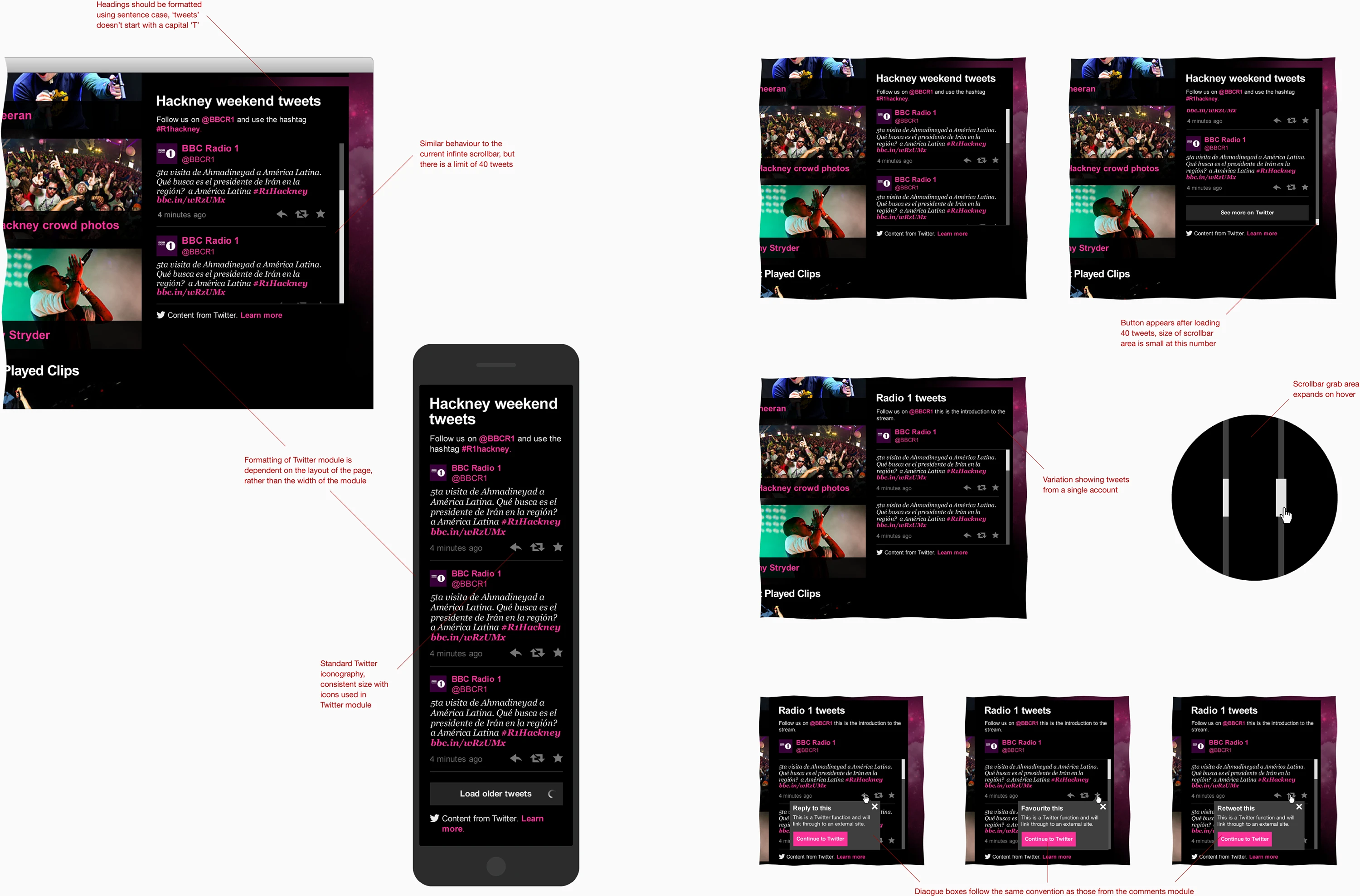 Excerpt from the documentation provided to the BBC team showing the Twitter module at various sizes