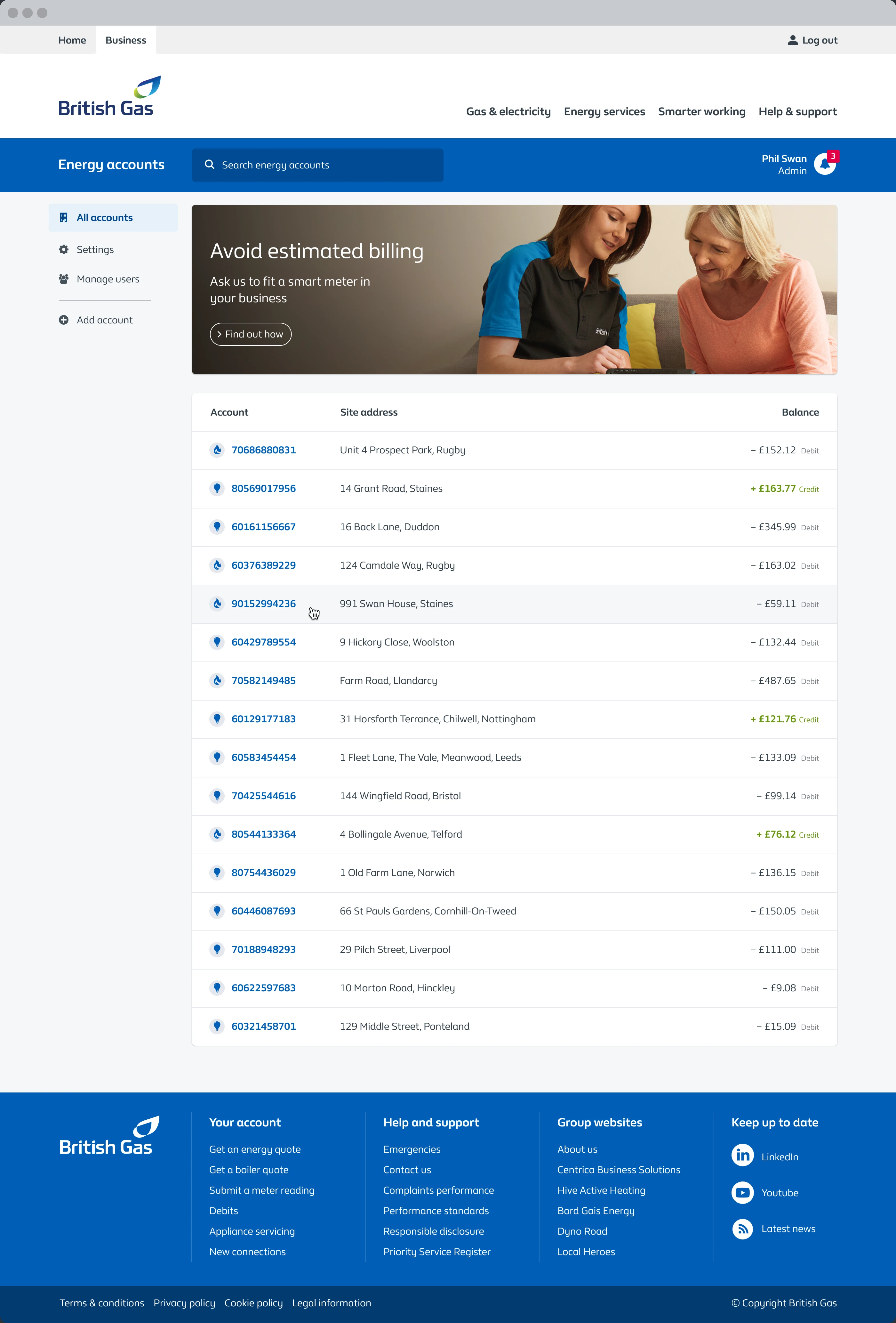 Screenshot of British Gas business online account