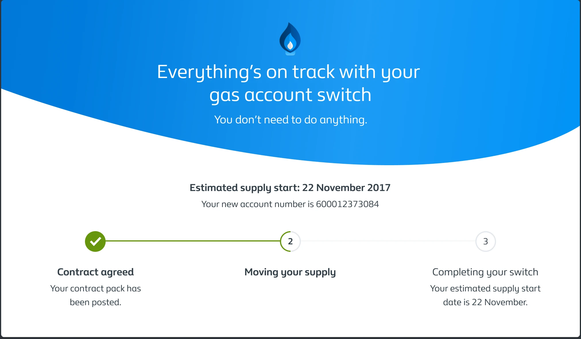 Screenshot of message outlining progress switching from another supplier to British Gas